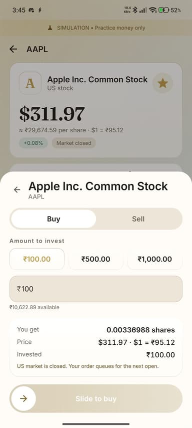 The buy sheet with ₹100 entered, showing you get 0.00336988 shares at $311.97.